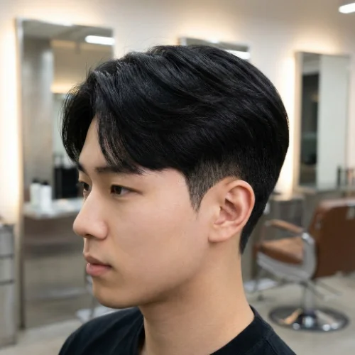 Asian man with straight smooth hair on top and a clean low taper fade on the sides, creating a modern and stylish men’s haircut.