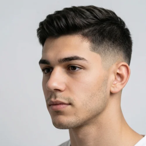 Side profile of a young man with short dark hair styled in a low taper fade Haircuts, featuring gradually faded sides and neatly trimmed top against a plain light background.