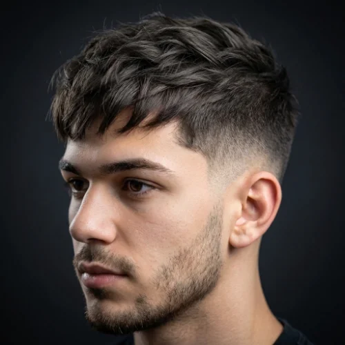 Side view textured crop with low taper fade men's haircut showing clean taper around ears and neckline