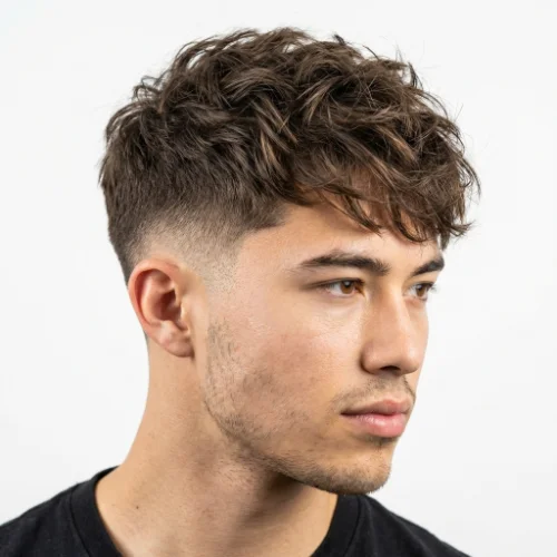 Messy textured crop with low taper fade men's haircut featuring tousled texture and clean tapered sides
