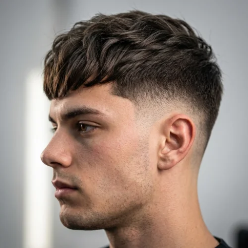 Low taper fade with textured fringe men's haircut featuring layered fringe and clean tapered sides