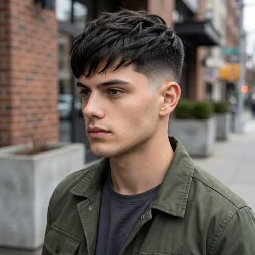 Man with a low taper fade and textured crop for straight hair, featuring a clean gradual fade on the sides with short layered texture on top.