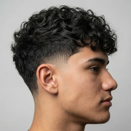 Man with a wavy textured crop and low taper fade, featuring a soft natural wave on top with a clean gradual fade around the sides and neckline.