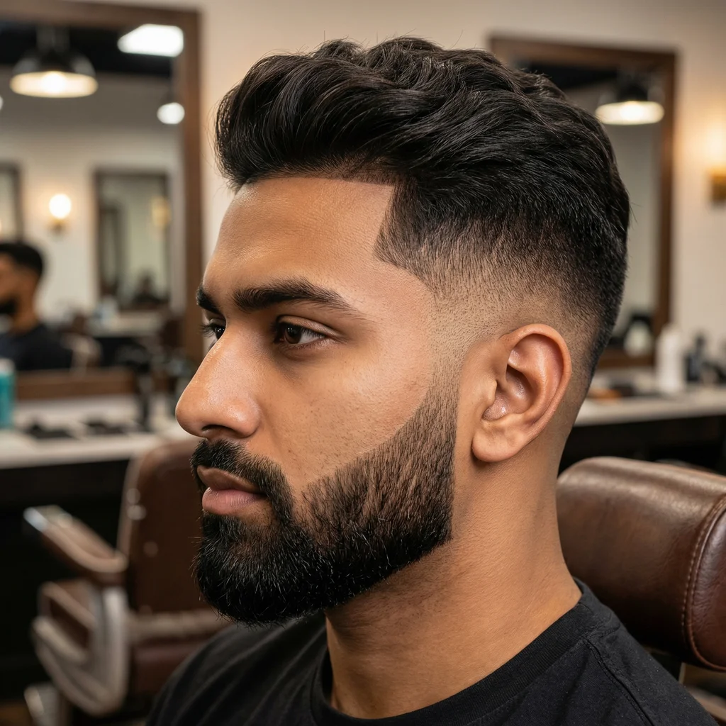 Low taper fade haircut with sharp line-up, textured top and full beard, modern men’s hairstyle in a barbershop