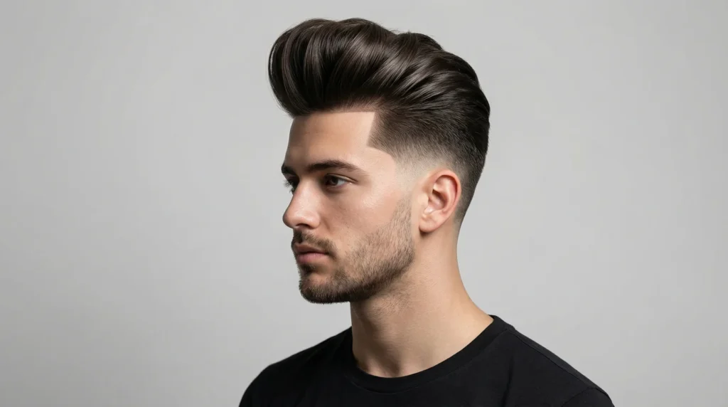 Modern men's haircut featuring a low taper fade on the sides and back with a voluminous pompadour styled on top. The lifted, textured top adds height, movement, and a classic yet trendy look, while the low taper fade creates a sharp, polished finish around the ears and neckline. Ideal for men seeking a stylish, sophisticated, and contemporary hairstyle.