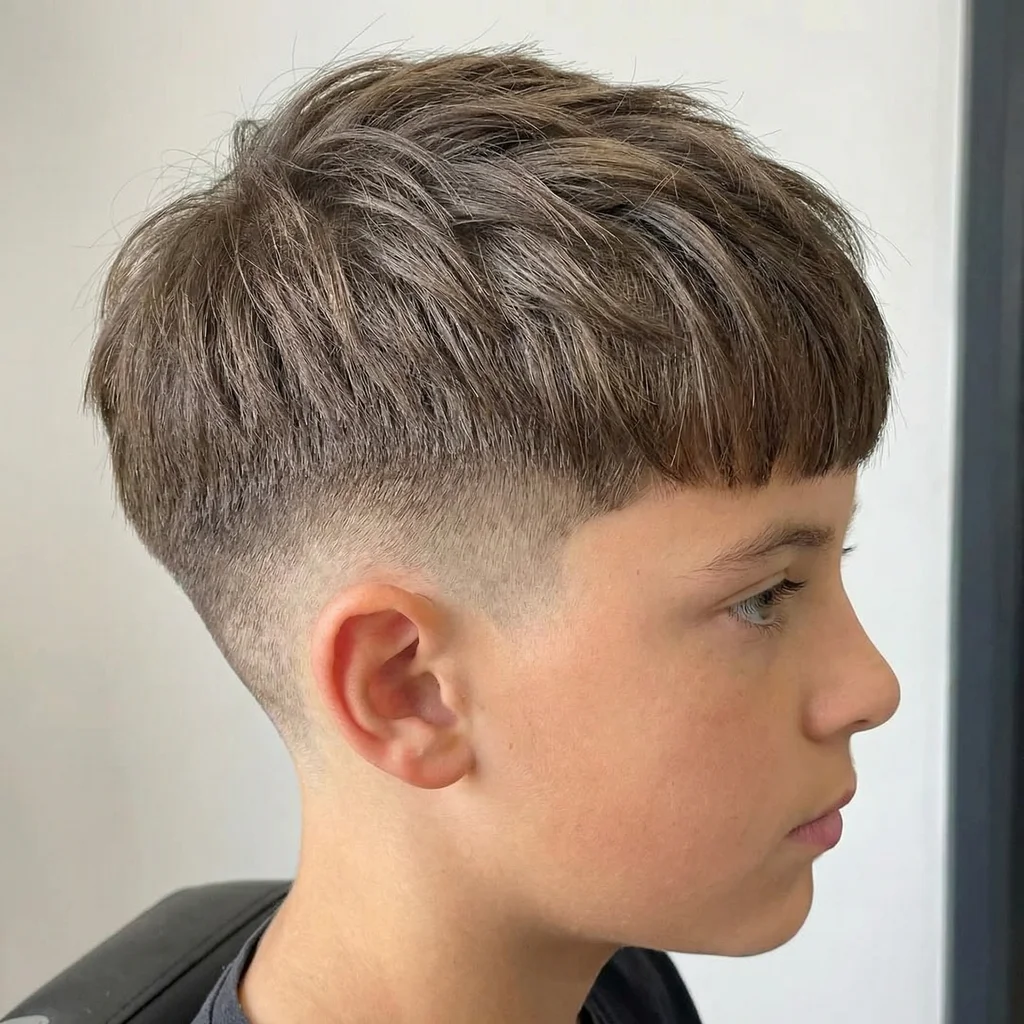 Young boy with straight hair styled neatly on top and a clean low taper fade on the sides, creating a sharp and modern men’s haircut.