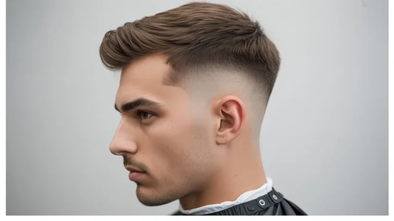 Young man with a mid low taper fade haircut, featuring smoothly blended sides that transition between low and mid fade with a clean, styled top.