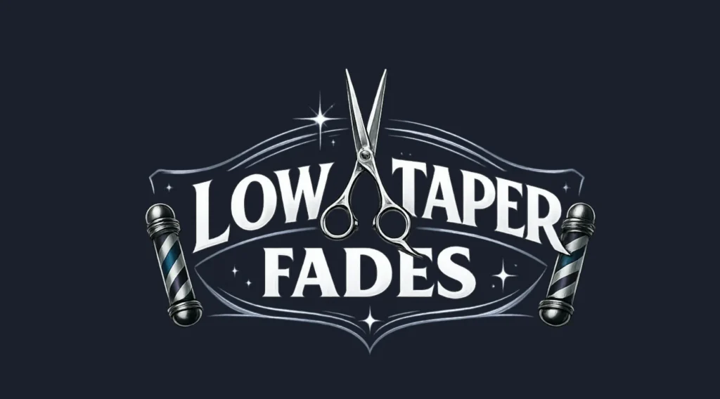 Low taper fades haircut logo featuring barber scissors and classic barber poles design