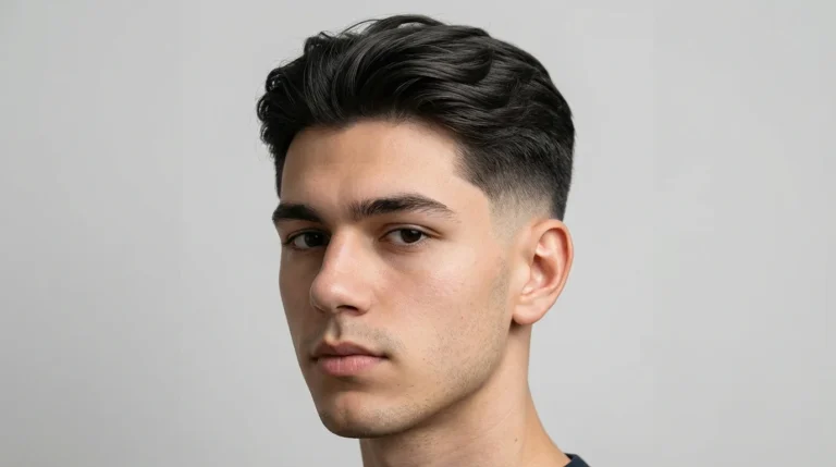 Front angle view of a man withLow Taper Fade straight Hair textured top and clean low taper , smoothly blended sides with natural volume