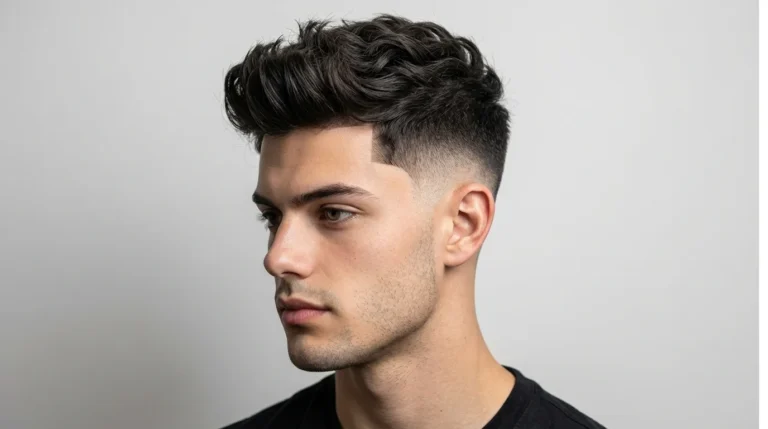 Low Taper wavy hair for men with natural waves on top and clean tapered sides