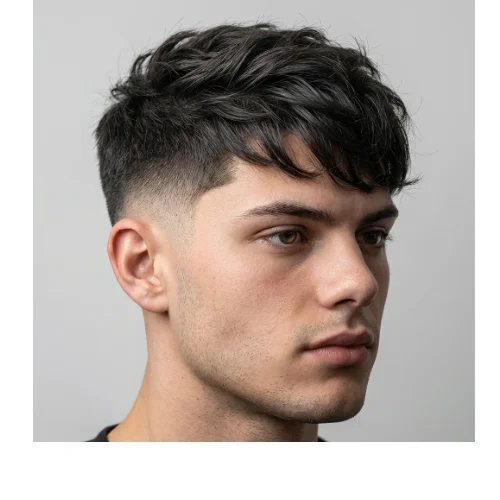Modern men's haircut featuring a low taper fade on the sides and back with layered hair on top. The layered top adds texture, volume, and movement, while the low taper fade provides a sharp, polished finish around the ears and neckline. Ideal for men seeking a stylish, contemporary, and versatile hairstyle with layered texture.