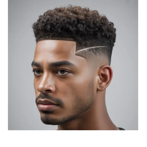 Front side profile of a man with Short Low Taper Fade Afro hairstyle, featuring tight curly afro hair on top with clean tapered sides and sharp lineup.
