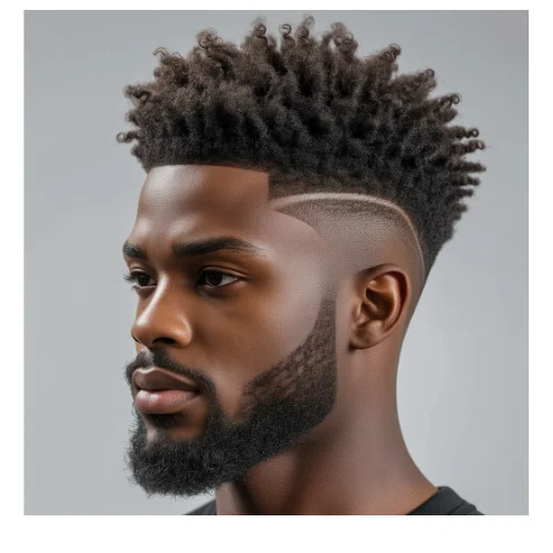 Side profile of a man with Low Taper Afro and beard, featuring natural curly afro hair on top with a clean low taper fade and sharp beard line.