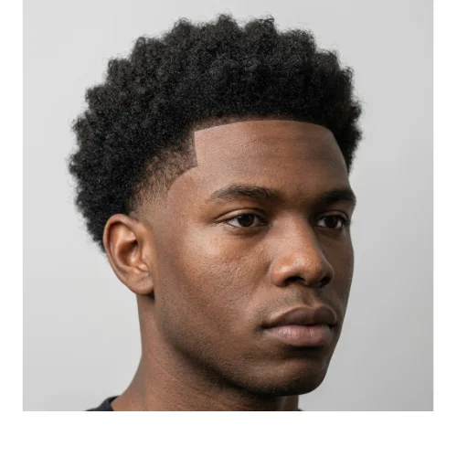 Side profile of a man with Taper Fade Afro and sharp line up, featuring natural curly afro hair on top with a clean taper fade and defined hairline.