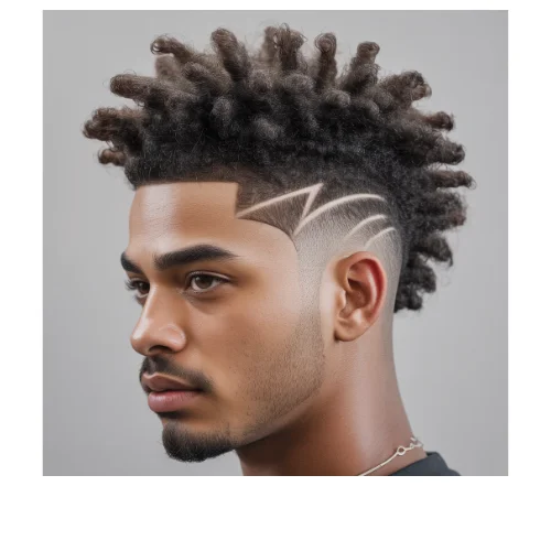 Taper Fade Afro with hair design featuring natural curly afro texture and clean tapered sides