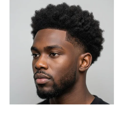 Low Taper Fade fresh afro style with natural curly hair on top and clean tapered sides