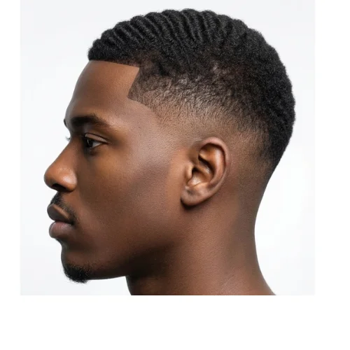 Taper Fade Afro with waves featuring natural wave pattern and clean tapered sides