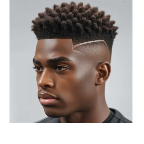 Low Fade Afro with part featuring natural curly afro hair and a clean shaved part line