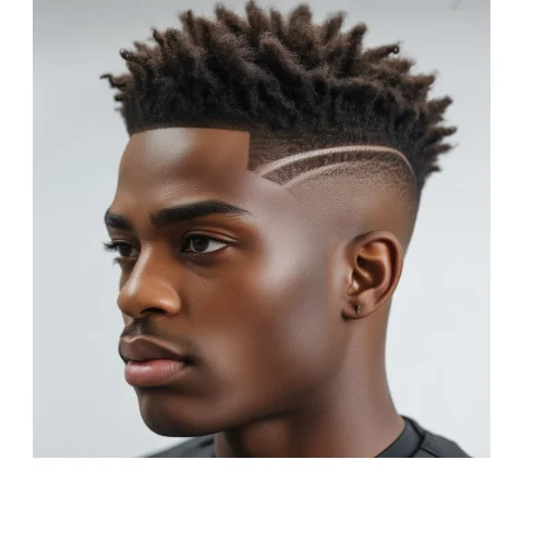 Low Taper Fade trendy afro with natural curly texture on top and clean tapered sides