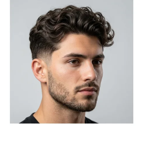 Modern men's haircut featuring a low taper fade on the sides and back with naturally wavy hair styled on top. The wavy top adds texture, volume, and movement, while the low taper fade provides a sharp, polished finish around the ears and neckline. Ideal for men seeking a stylish, contemporary, and low-maintenance hairstyle that highlights natural waves.