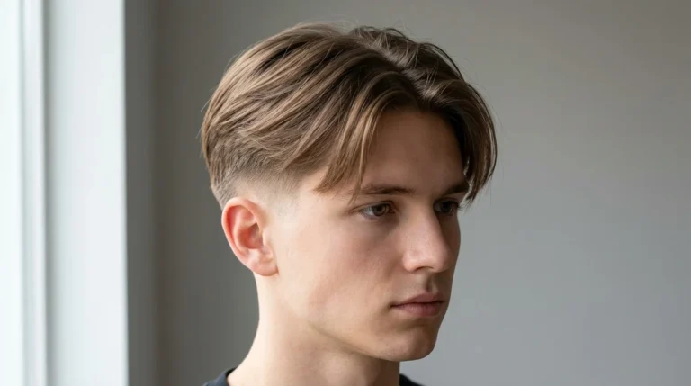 Front view of Low Taper Fade middle part with neat center part and smooth fade