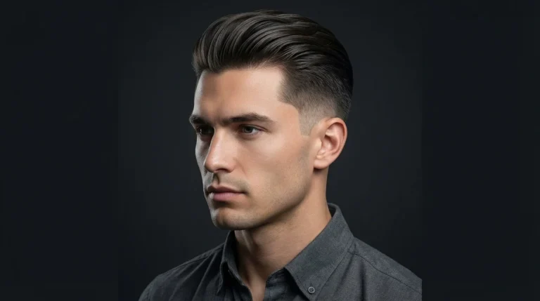 Low taper fade slick back hairstyle with smooth combed-back hair and clean tapered sides, modern men’s haircut