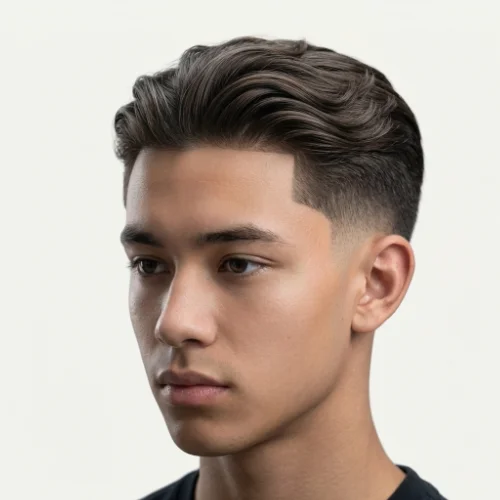 Man with straight hair styled into soft waves on top and a clean low taper fade on the sides, creating a modern and stylish haircut.