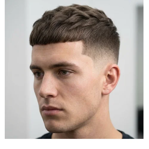 Modern men's haircut featuring a low taper fade on the sides and back with a Caesar cut on top. The short, textured top adds subtle volume and structure, while the low taper fade provides a sharp, polished finish around the ears and neckline. Ideal for men seeking a stylish, contemporary, and low-maintenance Caesar-inspired hairstyle.