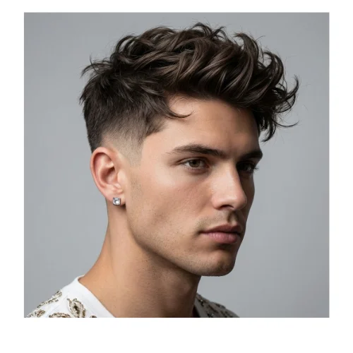 Man with a low taper fade messy hairstyle, featuring a clean gradual fade on the sides with textured tousled hair on top.
