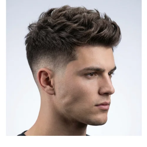 Low taper fade textured haircut with natural volume and clean tapered sides, modern men's hairstyle