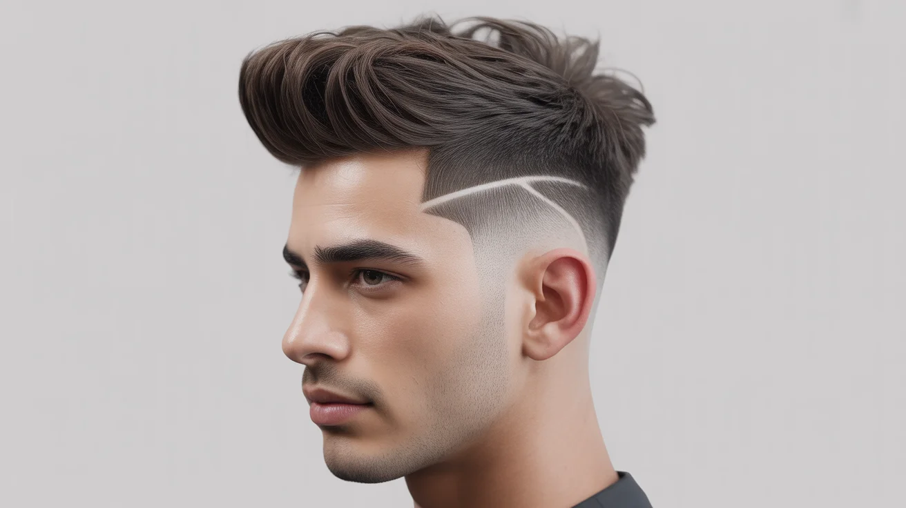 Front view of a modern men's Quiff haircut featuring a voluminous styled upward and backward with a the sides and back. The textured top adds height and movement, while the fade around the ears and neckline creates a sharp, polished look, perfect for a trendy and stylish appearance.