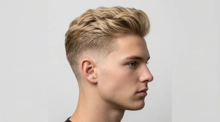 Man with a low taper fade for thick hair, featuring a clean gradual fade on the sides with dense, voluminous hair on top.