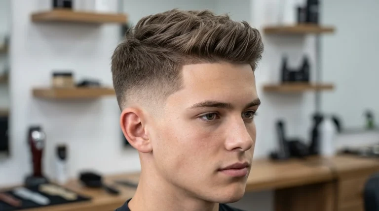 Modern men's haircut featuring a low taper fade on the sides and back with thin hair styled on top. The textured top adds volume and movement to fine hair, while the low taper fade provides a sharp, polished finish around the ears and neckline. Ideal for men with thin hair seeking a stylish, contemporary, and low-maintenance hairstyle.