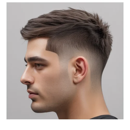 Modern men's haircut featuring a low taper fade on the sides and back with thick hair styled on top. The voluminous, textured top adds height and movement, while the low taper fade creates a sharp, polished finish around the ears and neckline. Perfect for men with thick hair seeking a stylish, contemporary, and bold look.