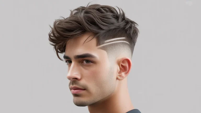 Low taper fade haircut with textured messy top and double shaved line design, modern men’s hairstyle