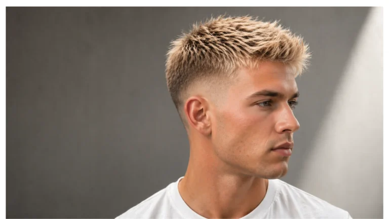 Low taper fade blonde hair hairstyle featuring light blonde tones on top, natural texture and volume, and clean low taper fade on the sides and neckline for a fresh modern look