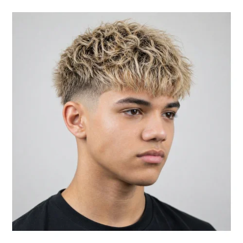 Low taper fade blonde with textured crop hairstyle featuring short choppy blonde layers on top, natural texture, and clean low tapered sides for a simple modern everyday look