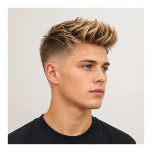 Low taper fade blonde with quiff hairstyle featuring lifted front volume, styled height, and neatly tapered sides for a bold and stylish modern appearance