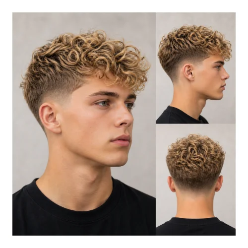 Low taper fade blonde with curly top hairstyle featuring defined blonde curls on top, natural volume, and clean low taper fade on the sides for a fresh and lively look