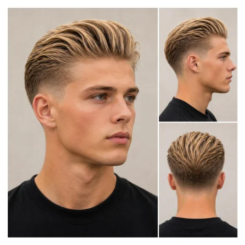 Low taper fade blonde slick back hairstyle featuring smoothly combed back hair, glossy finish, and clean tapered sides for a neat and polished appearance