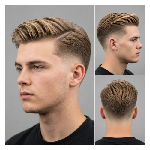 Low taper fade blonde side part hairstyle featuring a defined side part, neatly combed blonde top, and smooth low tapered sides for a clean and classic look