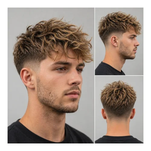 Low taper fade blonde messy hair hairstyle featuring tousled textured top, natural movement, and clean low taper fade sides for a relaxed casual style