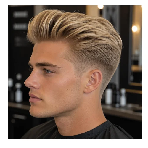 Low taper fade blonde pompadour hairstyle featuring high volume swept-back top, structured shape, and clean low taper fade sides for a bold stylish finish