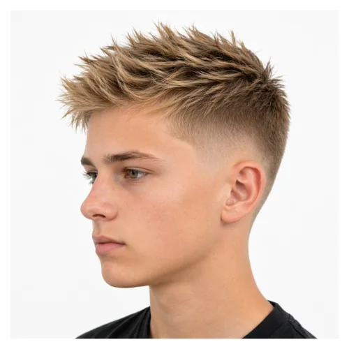 Low taper fade blonde spiky hair hairstyle featuring short defined spikes on top, textured separation, and clean low tapered sides for a bold energetic style