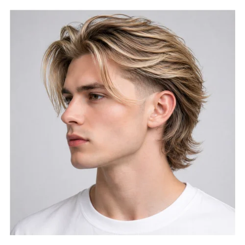 Low taper fade blonde long hair hairstyle featuring longer flowing hair on top, natural shine, and clean low taper fade on the sides for a versatile modern look