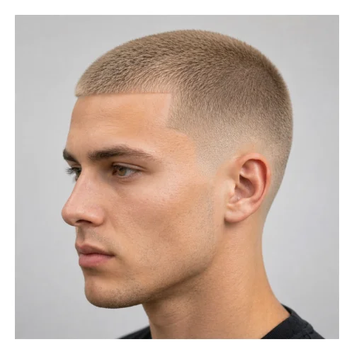Low taper fade blonde with buzz cut hairstyle featuring very short evenly trimmed blonde hair on top and clean low taper fade on the sides for a sharp low-maintenance look