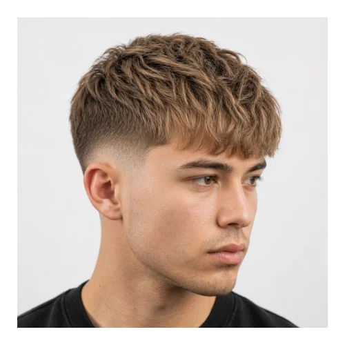 Low taper fade blonde with fringe hairstyle featuring soft forward-falling fringe, light texture on top, and clean low taper fade on the sides for a fresh youthful style