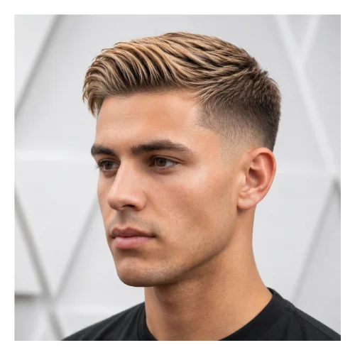 Low taper fade blonde with natural flow hairstyle featuring soft natural movement on top, light volume, and clean low taper fade edges for a relaxed everyday look