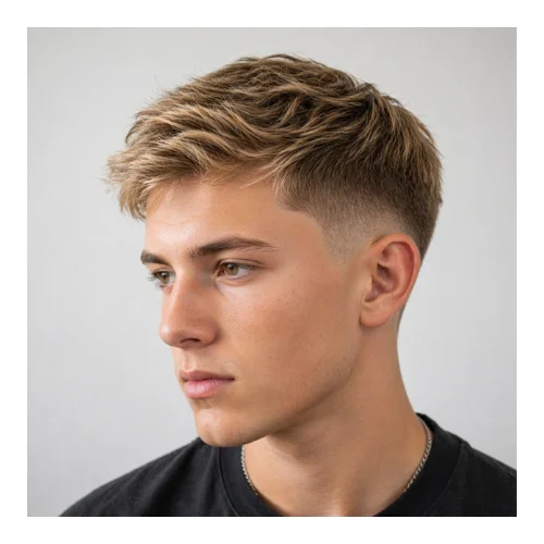 Low taper fade with blonde hair styled in a natural flow, featuring a soft textured top and clean faded sides on a young male, neutral background.