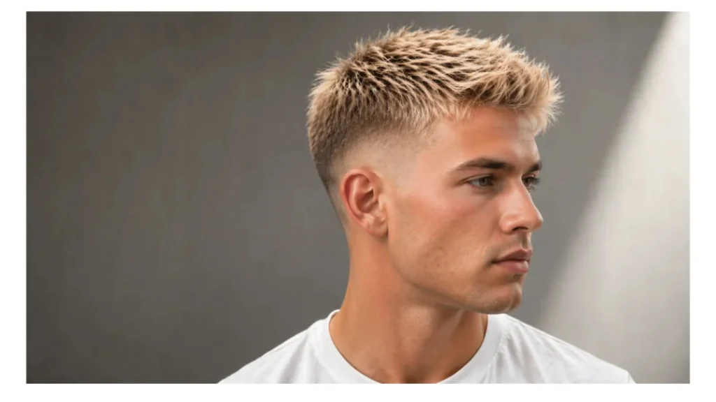 Low taper fade blonde hair hairstyle featuring light blonde tones on top, natural texture and volume, and clean low taper fade on the sides and neckline for a fresh modern look
